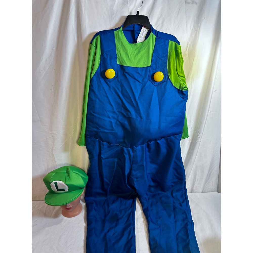 Nintendo Luigi Costume XL-XXL Green Blue Super Mario Bros Jumpsuit Hat Mens